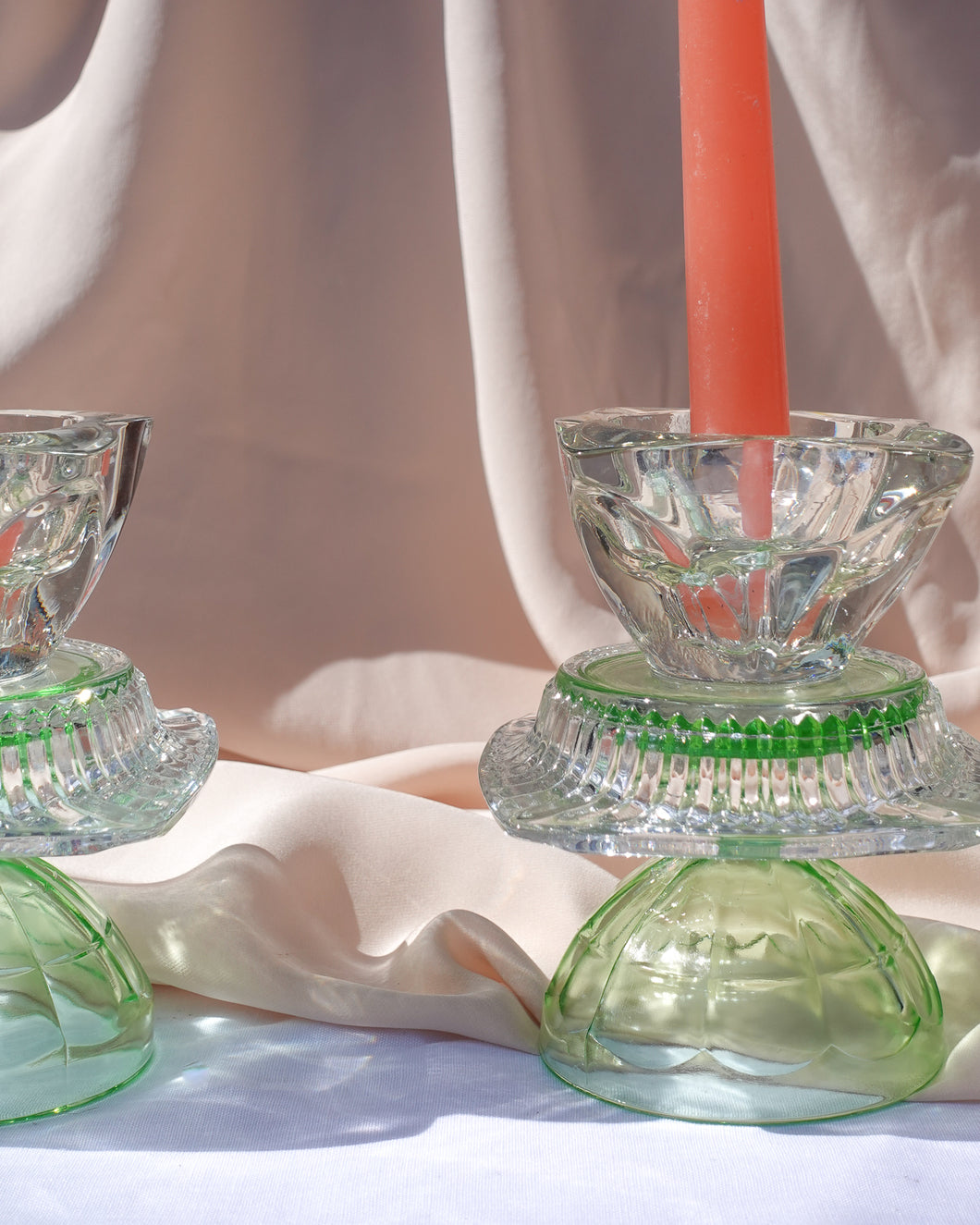 Set of Two Reversible Uranium Green Candlesticks By Opaline Atelier