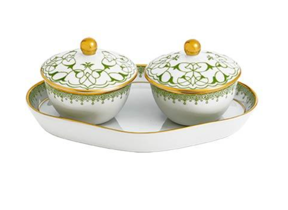 Mottahedeh Lace Green Apple Heirluminare Two Votives W/ Tray- Grapefruit, Vanilla & Pear