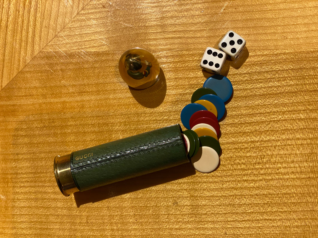 Curated Vintage Gucci Pocket Size Game Set Shaped like a Bullet